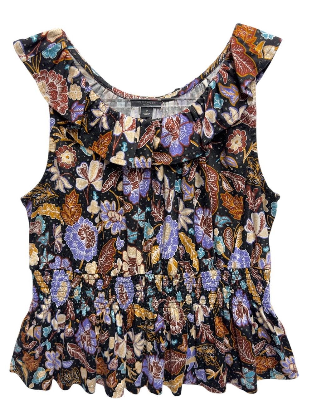 Pure Cotton Modal Knit Ruffle Flutter Toile Floral Leaf Peplum Flare Blouse Top